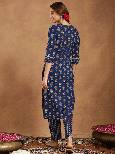 Janasya Women's Dark Blue Pure Cotton Floral Printed Straight Kurta Pant Set